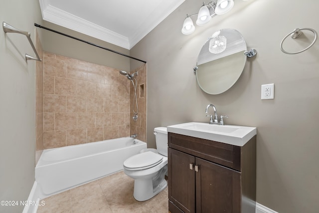 full bathroom featuring tiled shower / bath combo, tile patterned floors, toilet, vanity, and ornamental molding