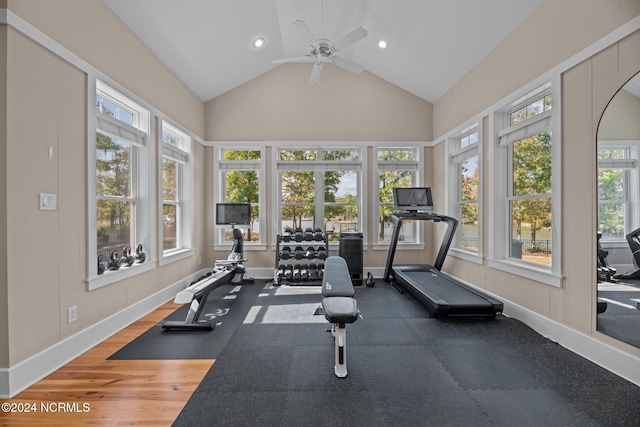 exercise area with hardwood / wood-style floors, ceiling fan, and high vaulted ceiling