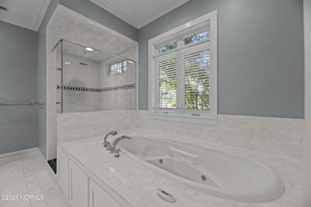 bathroom featuring plus walk in shower and crown molding