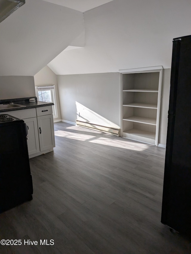 additional living space featuring vaulted ceiling, dark wood-type flooring, sink, and baseboard heating