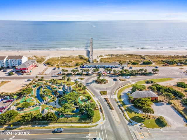 drone / aerial view with a water view and a view of the beach