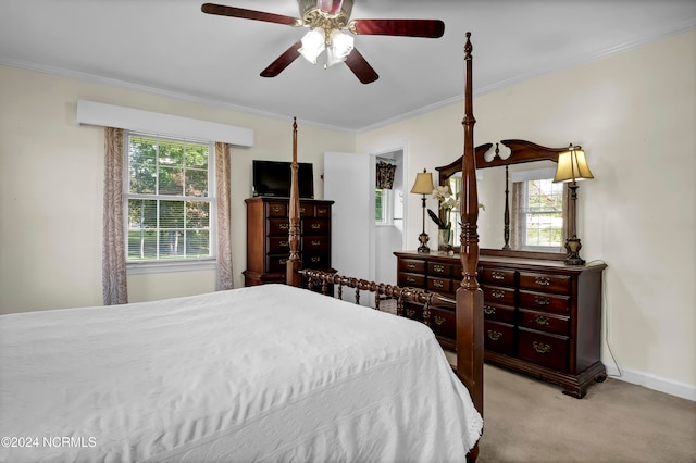 carpeted bedroom with ornamental molding, multiple windows, and ceiling fan