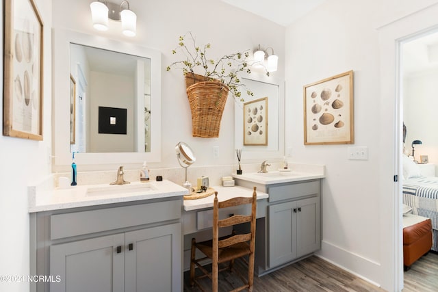 bathroom with wood finished floors, baseboards, two vanities, a sink, and connected bathroom