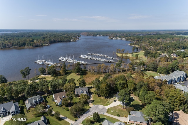 birds eye view of property featuring a water view