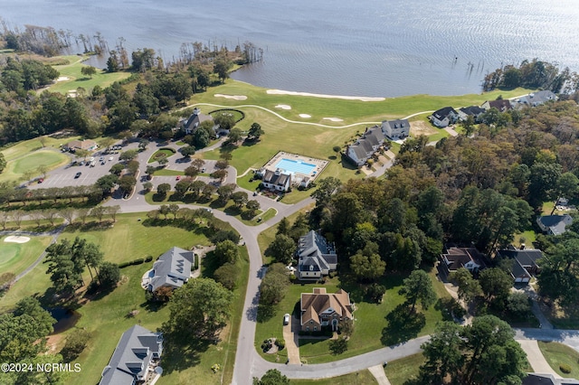 aerial view with a water view, a residential view, and view of golf course