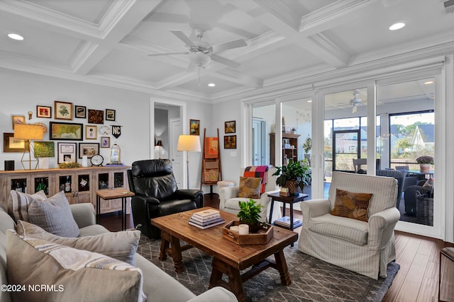 living room featuring beam ceiling, dark wood-type flooring, crown molding, and coffered ceiling