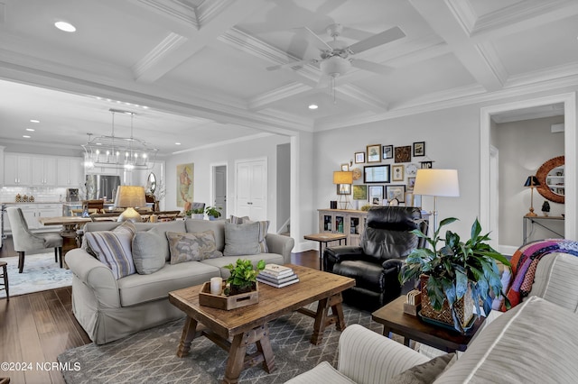 4422 Old Towne St, Wilmington, NC 28412 - living area with ceiling fan, beamed ceiling, dark wood-style floors, and recessed lighting