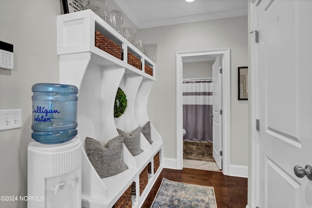 mudroom with crown molding and dark hardwood / wood-style floors