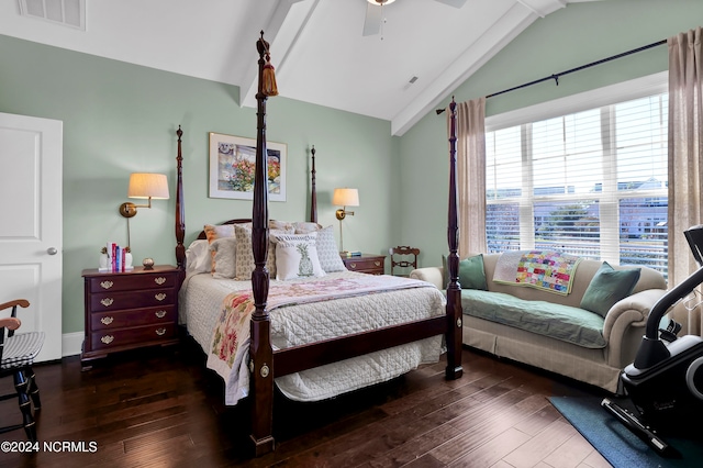 bedroom with lofted ceiling, dark wood-type flooring, and ceiling fan