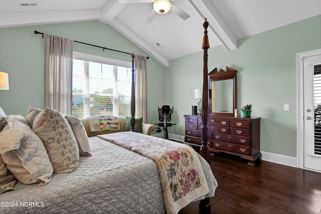 bedroom with ceiling fan, lofted ceiling with beams, and dark hardwood / wood-style flooring