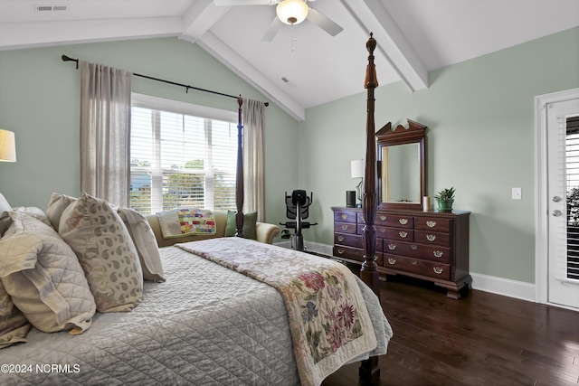 4422 Old Towne St, Wilmington, NC 28412 - bedroom with visible vents, a ceiling fan, wood-type flooring, baseboards, and lofted ceiling with beams