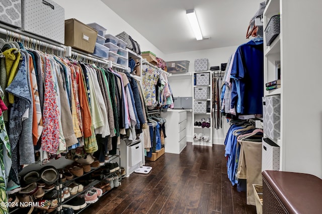 walk in closet with dark hardwood / wood-style floors