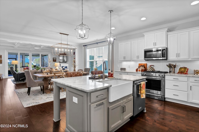 kitchen with white cabinetry, stainless steel appliances, sink, and dark hardwood / wood-style flooring