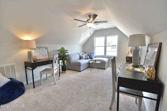 3965 Pepperberry Ln, Southport, NC 28461 - carpeted living area with vaulted ceiling and a ceiling fan