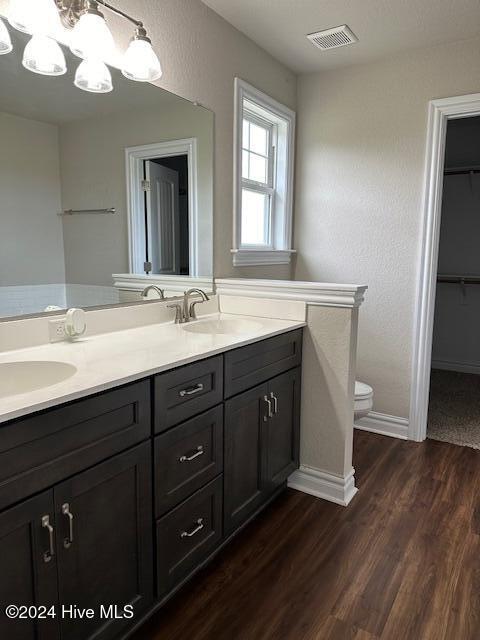 bathroom with vanity, toilet, and wood-type flooring