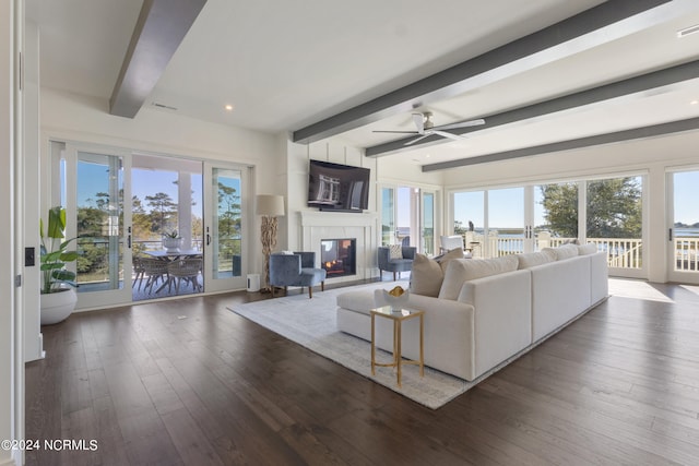 living room with beam ceiling, a wealth of natural light, and dark hardwood / wood-style floors