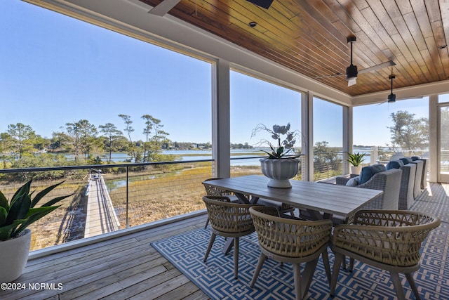 wooden deck featuring a water view and ceiling fan