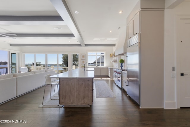 kitchen featuring dark wood-type flooring, premium appliances, white cabinetry, and a kitchen island with sink