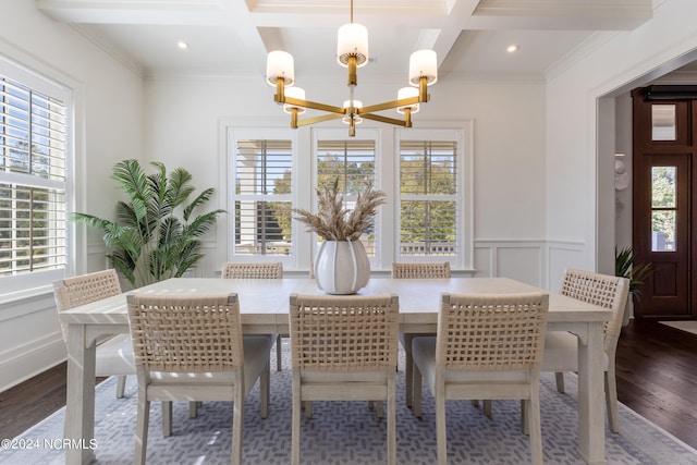 dining area featuring coffered ceiling, a notable chandelier, a wealth of natural light, and dark hardwood / wood-style floors