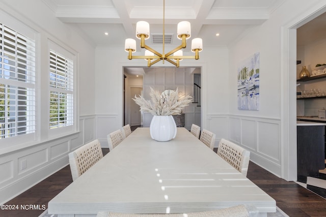 dining space featuring coffered ceiling, beamed ceiling, crown molding, a chandelier, and dark hardwood / wood-style floors