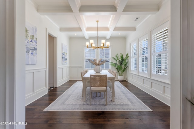 dining room featuring dark wood-type flooring, coffered ceiling, beamed ceiling, and a chandelier