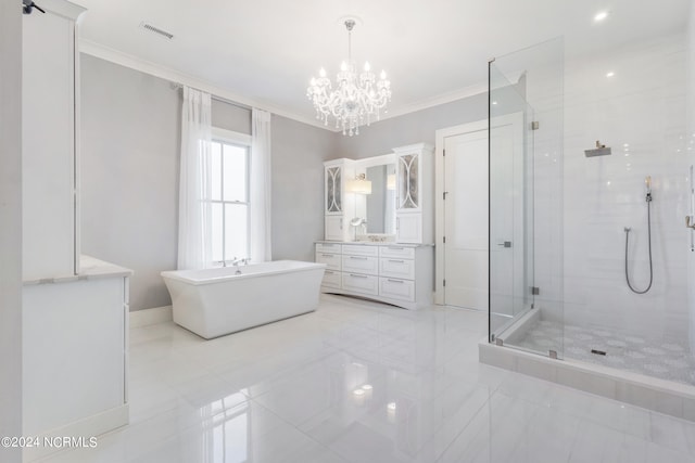 bathroom with vanity, separate shower and tub, ornamental molding, and an inviting chandelier