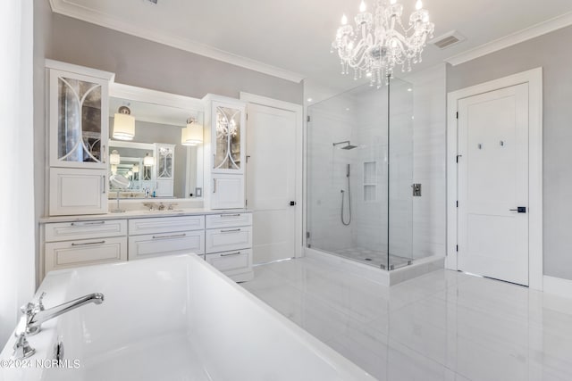 bathroom featuring vanity, a notable chandelier, independent shower and bath, and ornamental molding