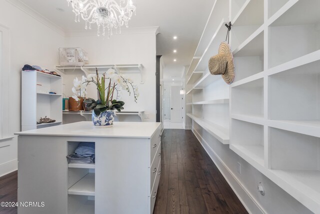 walk in closet with a notable chandelier and dark hardwood / wood-style flooring