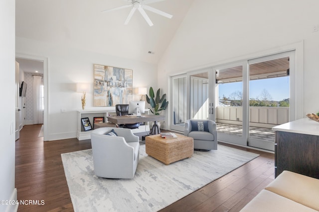 living room with ceiling fan, high vaulted ceiling, and dark hardwood / wood-style flooring