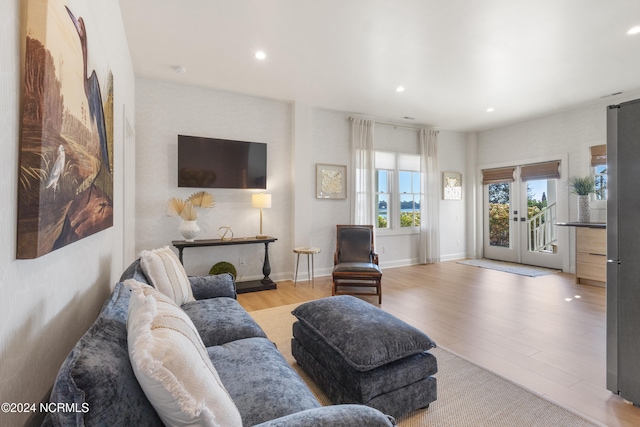 living room with french doors and light wood-type flooring