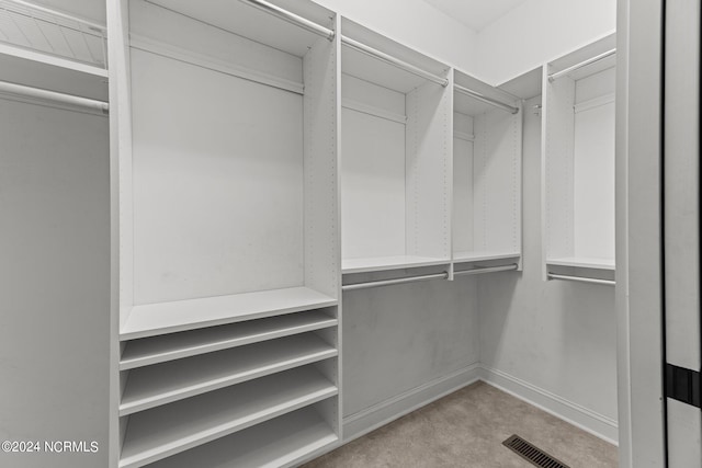 walk in closet with light carpet