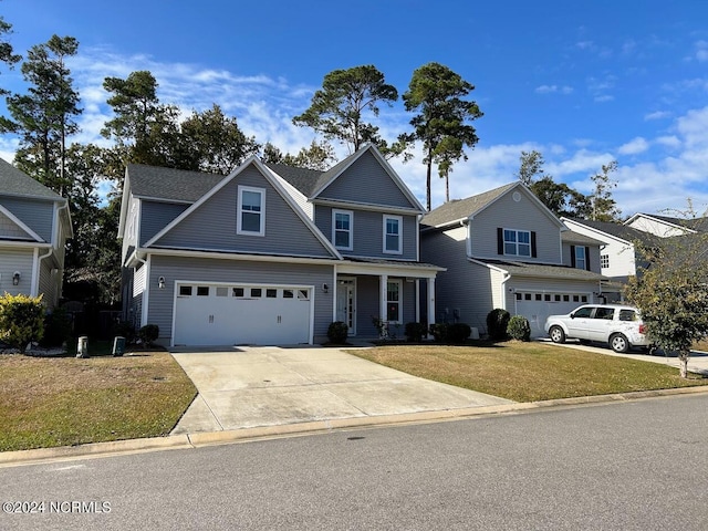 view of property featuring a front yard and a garage