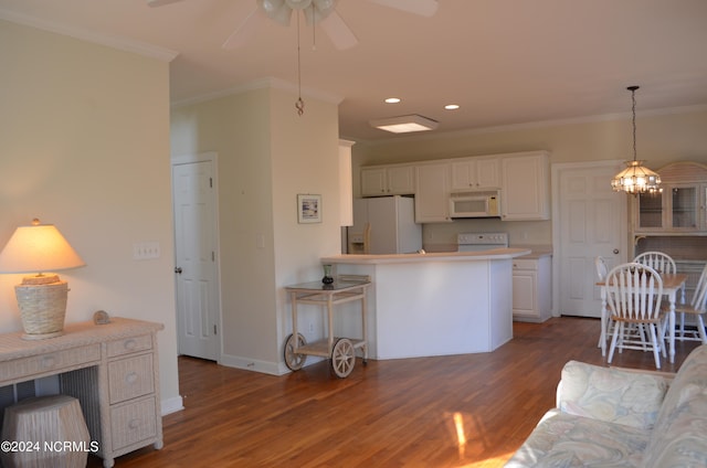 kitchen featuring dark hardwood / wood-style floors, crown molding, white cabinetry, white appliances, and ceiling fan