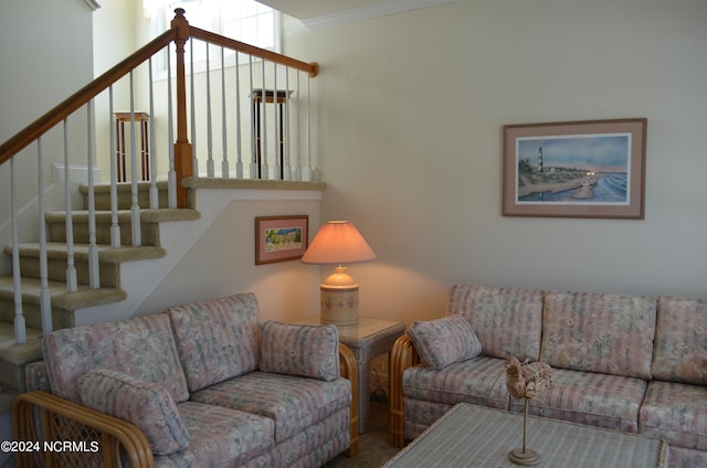 living room with ornamental molding