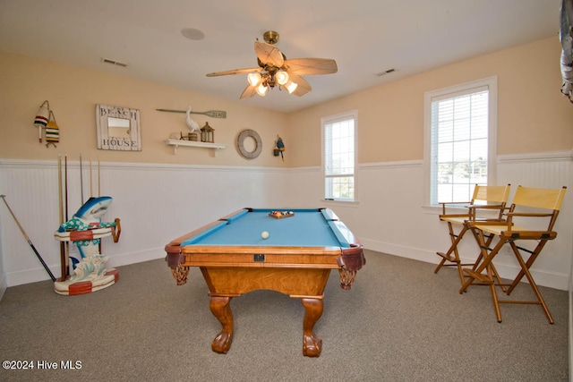 recreation room featuring pool table, carpet flooring, and ceiling fan