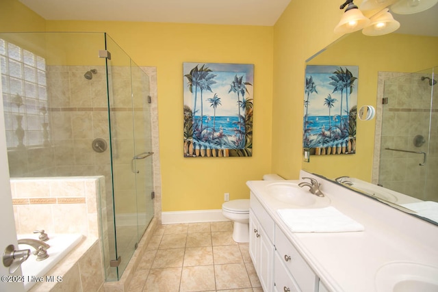 full bathroom with vanity, separate shower and tub, toilet, and tile patterned flooring