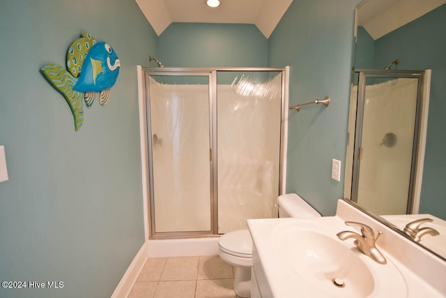 bathroom featuring sink, a shower with shower door, toilet, tile patterned floors, and vaulted ceiling