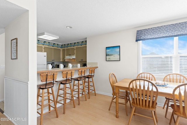 dining area featuring light hardwood / wood-style floors and a textured ceiling