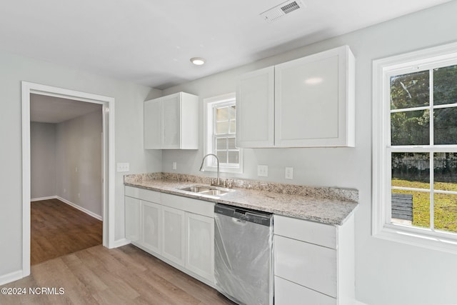 kitchen with a wealth of natural light, sink, dishwasher, and white cabinetry