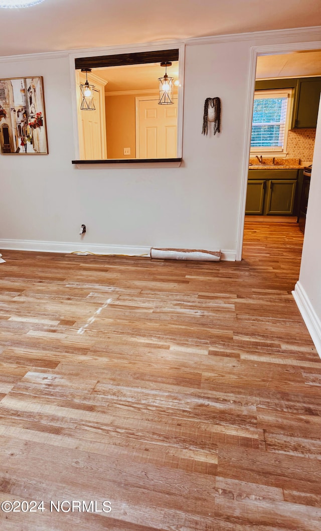 spare room featuring crown molding and light wood-type flooring