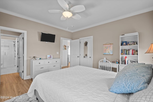 bedroom with connected bathroom, crown molding, light wood finished floors, and ceiling fan