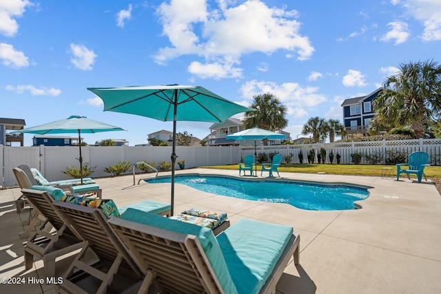 view of swimming pool featuring a fenced in pool, a fenced backyard, and a patio