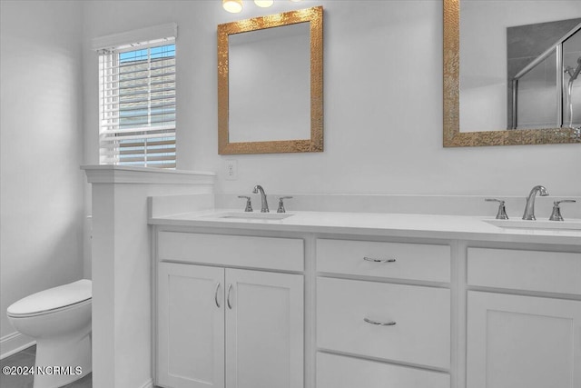 bathroom with vanity, toilet, and walk in shower