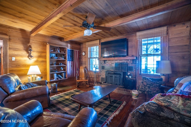 living room with beamed ceiling, wooden walls, wood-type flooring, and wooden ceiling