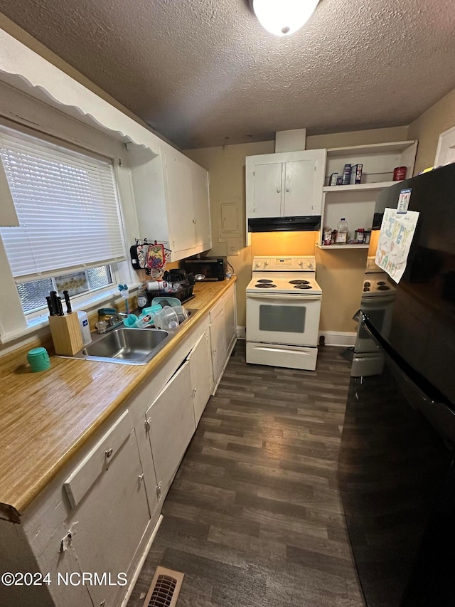 kitchen featuring white cabinets, dark hardwood / wood-style flooring, a textured ceiling, white range with electric stovetop, and sink