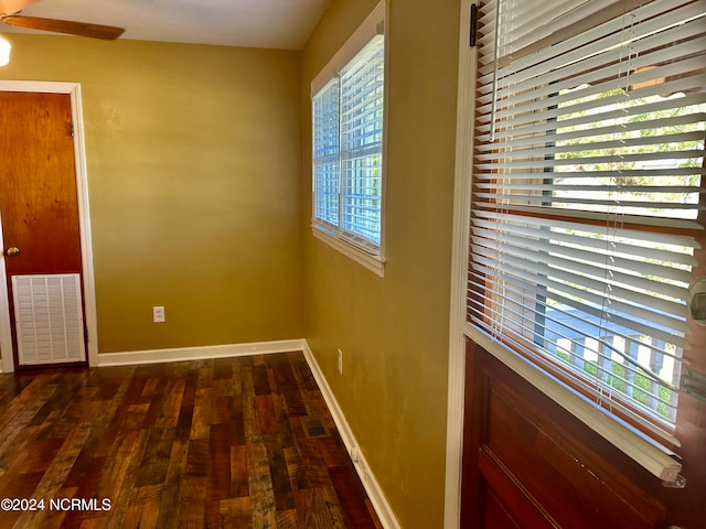 interior space featuring ceiling fan, dark hardwood / wood-style flooring, and plenty of natural light