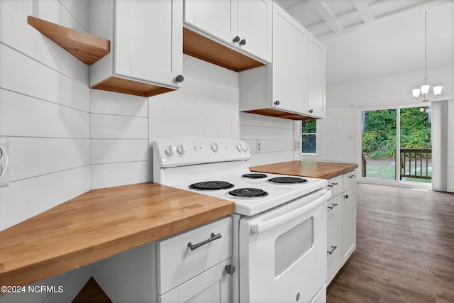 kitchen with white cabinetry, wooden counters, decorative light fixtures, and white electric stove