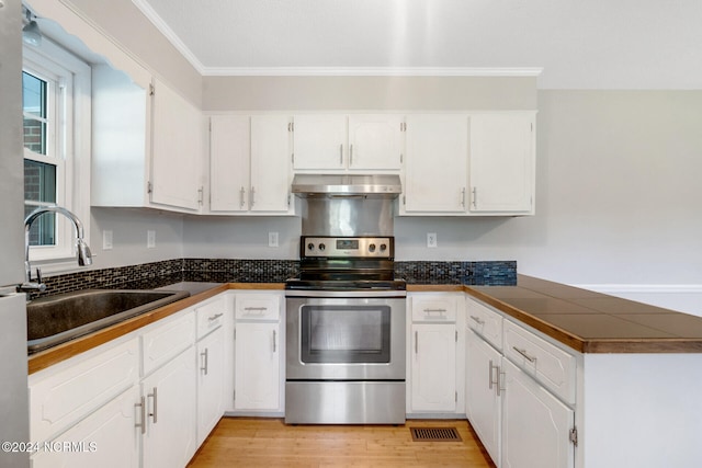 kitchen featuring white cabinetry, stainless steel electric range oven, light hardwood / wood-style flooring, ornamental molding, and sink