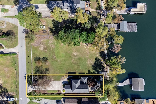 drone / aerial view featuring a water view