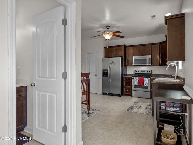 kitchen featuring ceiling fan, sink, stainless steel appliances, and dark brown cabinets